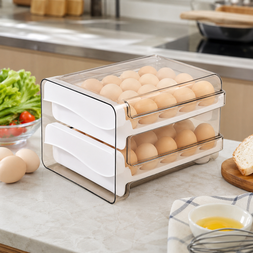 🥚 Fridge Essential | Clear Egg Storage Organizer | Space-Saving Drawer Design