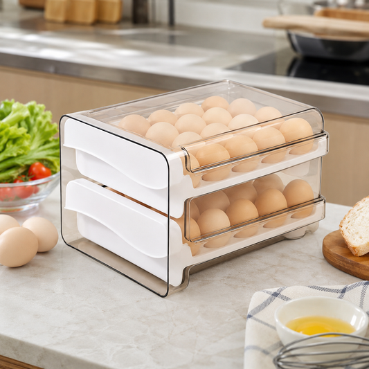 🥚 Fridge Essential | Clear Egg Storage Organizer | Space-Saving Drawer Design