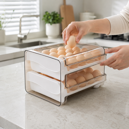 🥚 Fridge Essential | Clear Egg Storage Organizer | Space-Saving Drawer Design