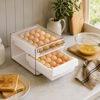 🥚 Fridge Essential | Clear Egg Storage Organizer | Space-Saving Drawer Design