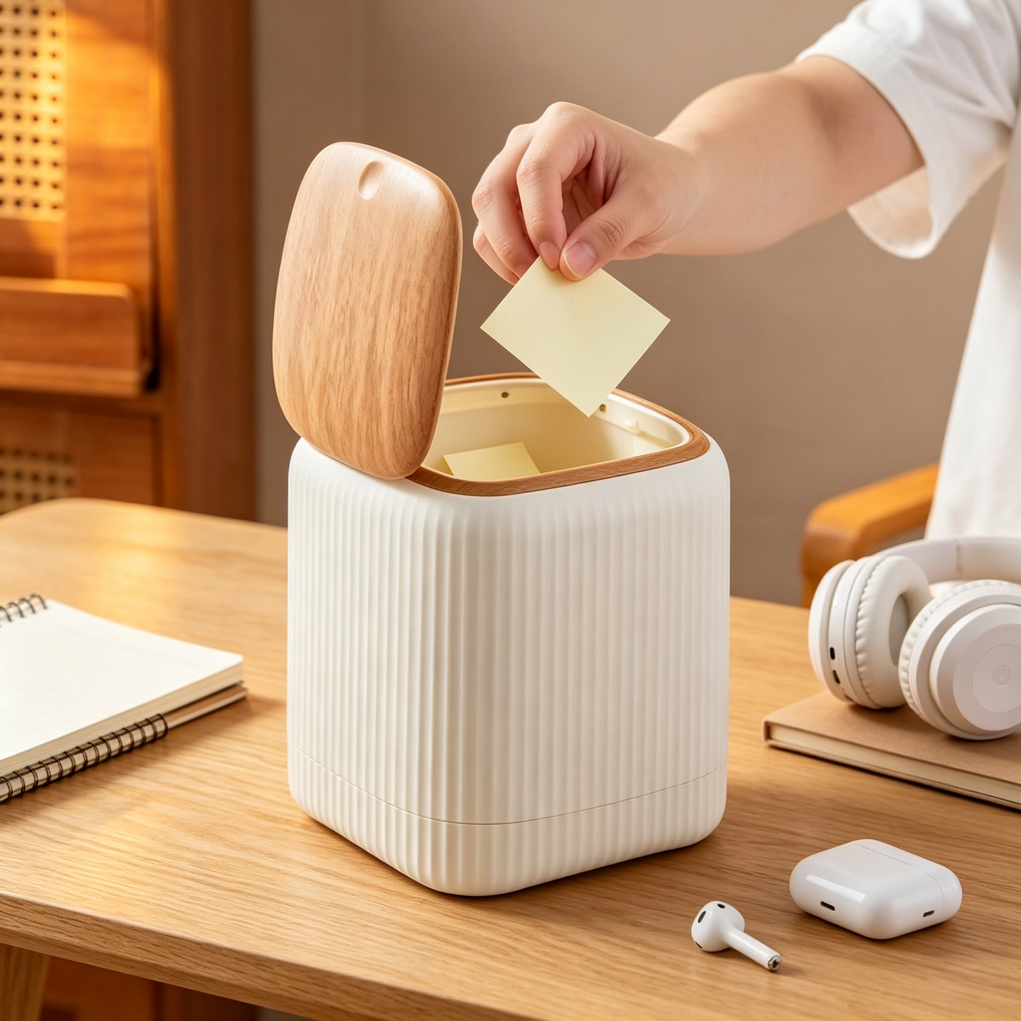 🤎 Desktop Storage Bin | Wood Grain Finish | Space Saving Organizer | Everyday Home Care Helper | Minimalist Natural Design